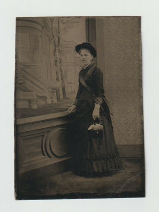 Antique Tin Type Portrait Of Victorian Woman With Hat And Purse