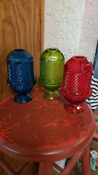 3 Viking Glass Diamond Point Fairy Lamps Vintage,  Green,  Red And Blue