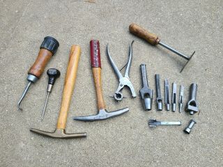 Vintage Leather Craft Tools,  Osborne Brass Hammer 33,  Fairmount 42h,  Punches