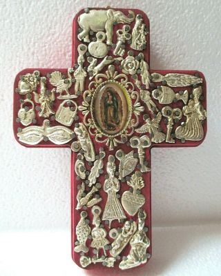 Mexican Folk Art Carved Wood Wall Cross Milagro Prayer Charm Virgin Guadalupe 7 "