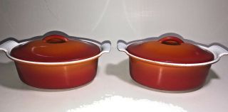 Vintage Set Of 2 Descoware Enamel Cast Iron Pots W/lid Belgium Orange 16 - B