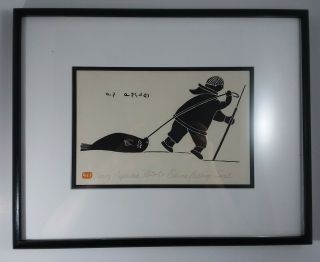 Eskimo Pulling Seal Framed Signed Print Henry Napartuk Canada First Nation Art