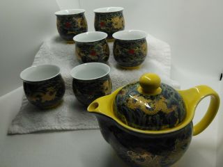 Asian Gold Blue And Yellow Dragon Ceramic Tea Set Pot Plus 6 Cups