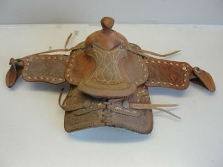 Miniature Tooled Leather Horse Saddle For Large Toy Horse Salesman Sampler ?