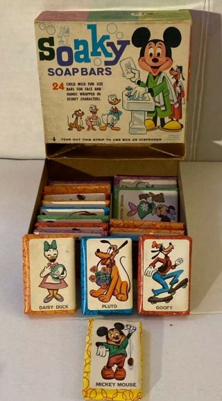 Vintage 1960s Soaky Soap Bars Display Box W/ 17x Disney Characters Good