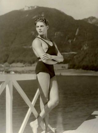 1920s Swimmer Posses On Dock,  Vintage Old Photo 4” X 6” Reprint