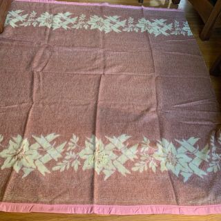 Vintage 100 Wool Mauve Floral Reversible Blanket With Satin Trim