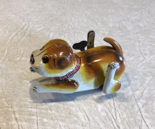 Vintage Japan Tin Litho Wind Up Toy Dog W/ Metal Wind Up Key