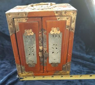 Vintage Chinese Jewelry Box With Jade Inlays And Brass Hardware