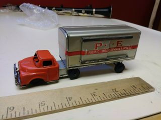1960s Haji Japan P.  I.  E.  Tin Friction Semi Truck & Trailer Set Toy,  Tin Litho,  6 "