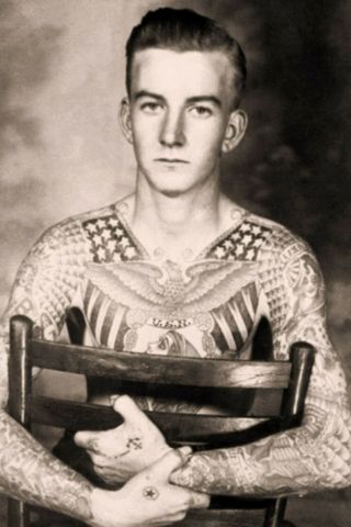 Portrait Of Bob Shaw Showing Off His Tattoos 1940s Vintage Old Photo (reprint)