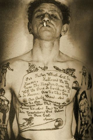 Man With The Lords Prayer Tattooed On His Chest - Vintage Old Photo (reprint)