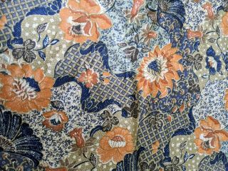 5 Yd Vintage 1950s 60s Jakarta Batik Floral Orange Blue Cotton Upholstery Fabric