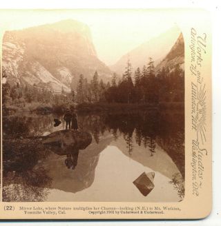 Couple At Mirror Lake To Mt Watkins Yosemite Valley Ca Underwood Stereoview 1902