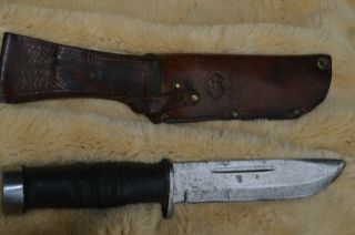 CATTARAUGUS 225Q Fixed Blade Knife With LEATHER SHEATH.  WWII 2 Combat Knife u 2