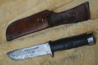 CATTARAUGUS 225Q Fixed Blade Knife With LEATHER SHEATH.  WWII 2 Combat Knife u 3