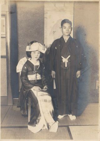 Old Photo Asia Japan Geisha Bride Wedding Dress Hat Man Robe Groom Japanese F7