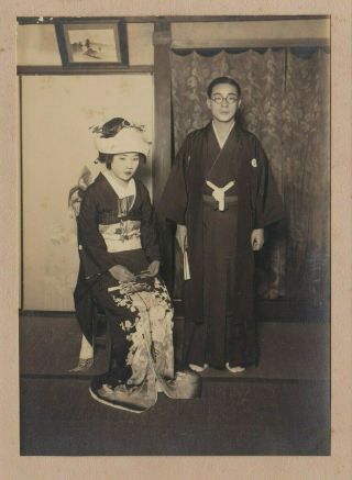 Old Photo Asia Japan Geisha Girl Bride Wedding Dress Man Robe Groom Japanese F7
