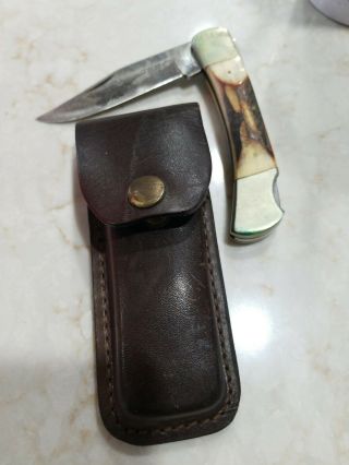 Vintage Sears Craftsman Stag Handle Lock Back Folding Pocket Knife Eagle Sheath