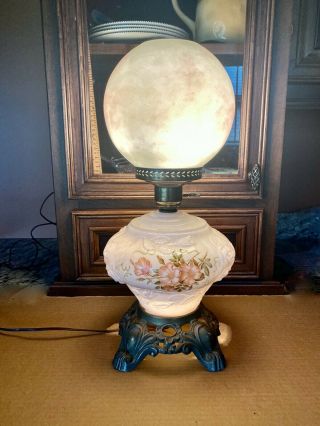 Vintage Floral Painted Milk Glass Gone With The Wind Table Lamp 19” Tall,  3 - Way