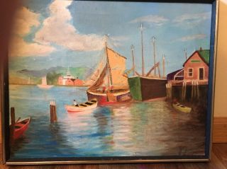 Vintage Mid Century Oil On Canvas Seaport Signed J.  Zim? Zirn? 16” By 20”