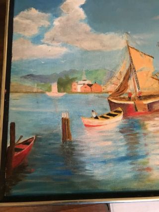 Vintage Mid Century Oil On Canvas Seaport Signed J.  Zim? Zirn? 16” By 20” 3