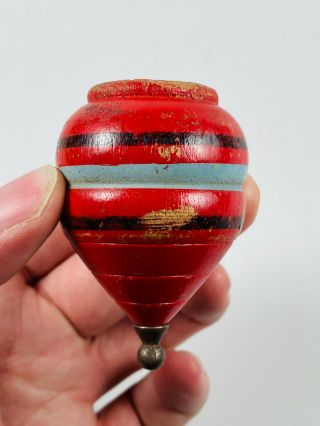 Antique Red Painted Wooden Spinning Top Toy W/ Ball End