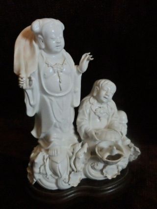 Mid Century Oriental Porcelain Figure Statue Girl Boy With Wood Stand 15 " Tall