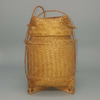 Vintage Japanese Asian Woven Bamboo Wood Basket With Lid