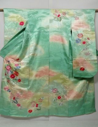 0722n06z950 Vintage Japanese Kimono Silk Furisode Light Blue - Green Chrysanthemum
