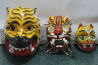954 Cousin Tigers Mexican Wooden Masks 3 Pzas Tigres Folk Art