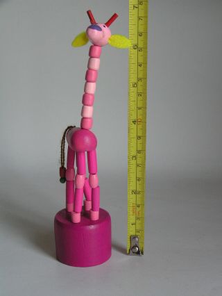 Wooden 3 - Tone Pink Giraffe Push Button Puppet Movable Jointed Game Push - Up Toy