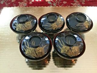 5 Vintage Japanese Lidded Rice Bowls - Lacquered Red /black - Lid Has Gold Lilies