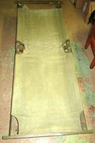 Vintage Wwii Army Folding Adult Canvas Cot W/ Wood Frame - Complete &