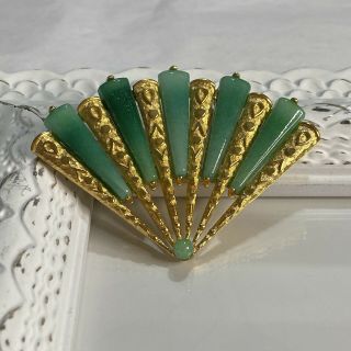 Vintage Marvella Jade Green Peking Glass Fan Pin