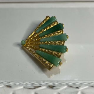 Vintage Marvella Jade Green Peking Glass Fan Pin 3