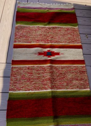 Woven Mexican Wool Rug 60 " X 29 ".  Red,  Sage Green And White.