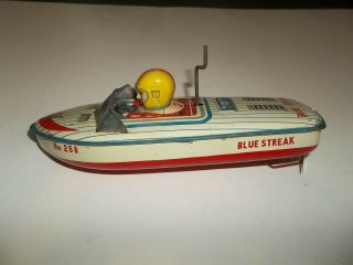 Vintage Daiya Japan 8 " Blue Streak Tin Windup Friction Toy Boat Speed Racer