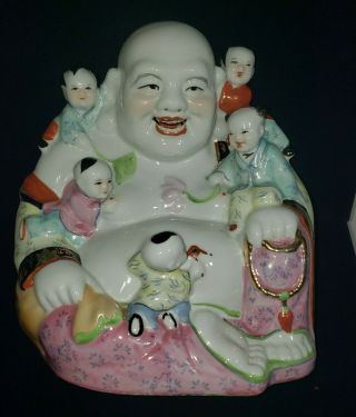 Large 12 " Vintage Chinese Famille Rose Porcelain Laughing Buddha Five Children