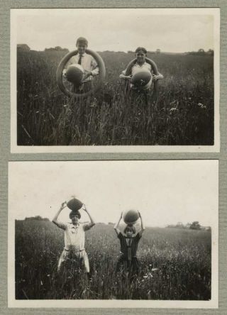 2 Vintage Photos Boys & Girls With Balls & Inner Tubes 1920s