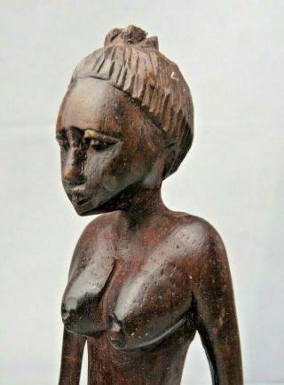 Vintage African Elegant Wood Art Hand Carved Nude Girl Statue Mid Century Deco