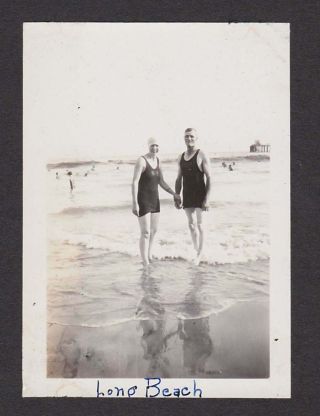 Long Beach Couple Swimming Suits Waves Old/vintage Photo Snapshot - Y191