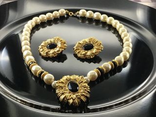Vintage Kjl For Avon Faux Pearl/ Gold Tone Black Onyx Clear Rhinestones Jewelry