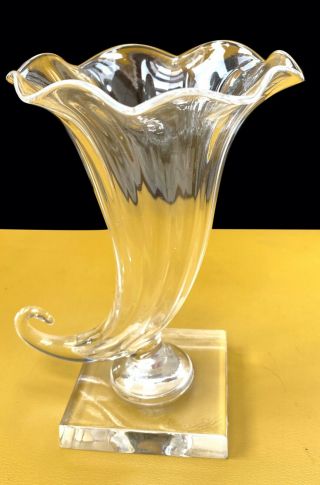 Vintage Signed Steuben Clear Crystal Art Glass Cornucopia Flower 6 " Vase
