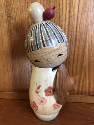 Vintage Kokeshi Doll Japanese Carved Wood Painted Cherry Blossom Folk Art Hat