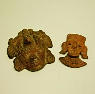 Vintage Mask Aztec Mayan Red Mexican Clay Pottery Wall Hangings - Set Of Two