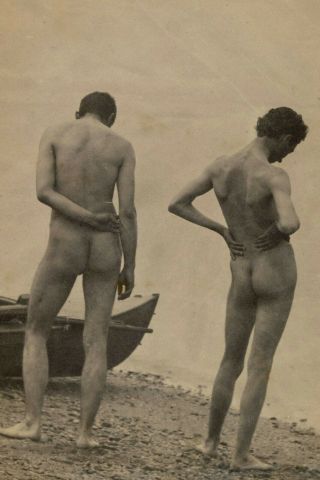 2 Nude Men On The Beach,  1880s Vintage Old Photo (reprint)