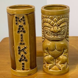 Pair Vintage Otagiri Mai - Kai Tiki Mugs Golden Brown 6 - 1/8 " Omc Japan Aloha