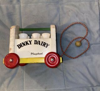 Vintage Playskool “dinky Dairy” Wooden Pull Toy With Six Bottles Vtg