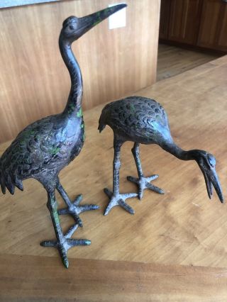Pair Vintage Metal Cranes Birds 19th C.  ? Heavy Old Paint Patina